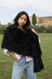 Chal de fiesta Tíboli ,elegante en piel sintética beige o negro – Estilo cálido y sofisticado para bodas y eventos